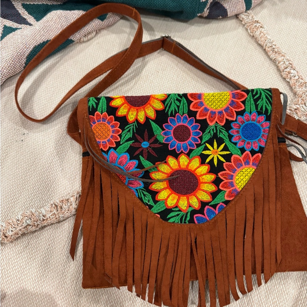 Embroidered Floral Fringe Bag